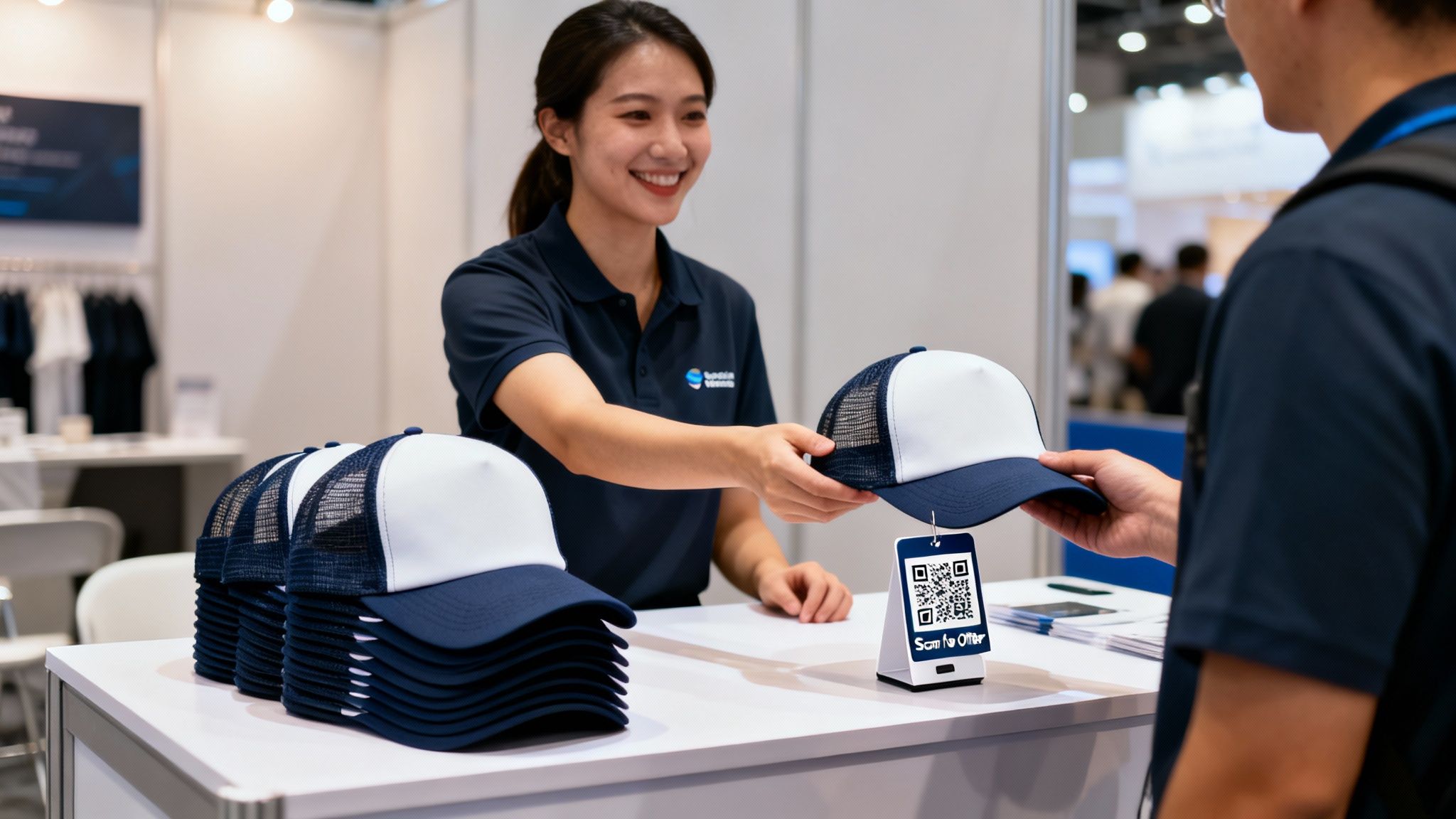 A smiling woman hands a blue and white trucker cap to a man at a promotional booth.