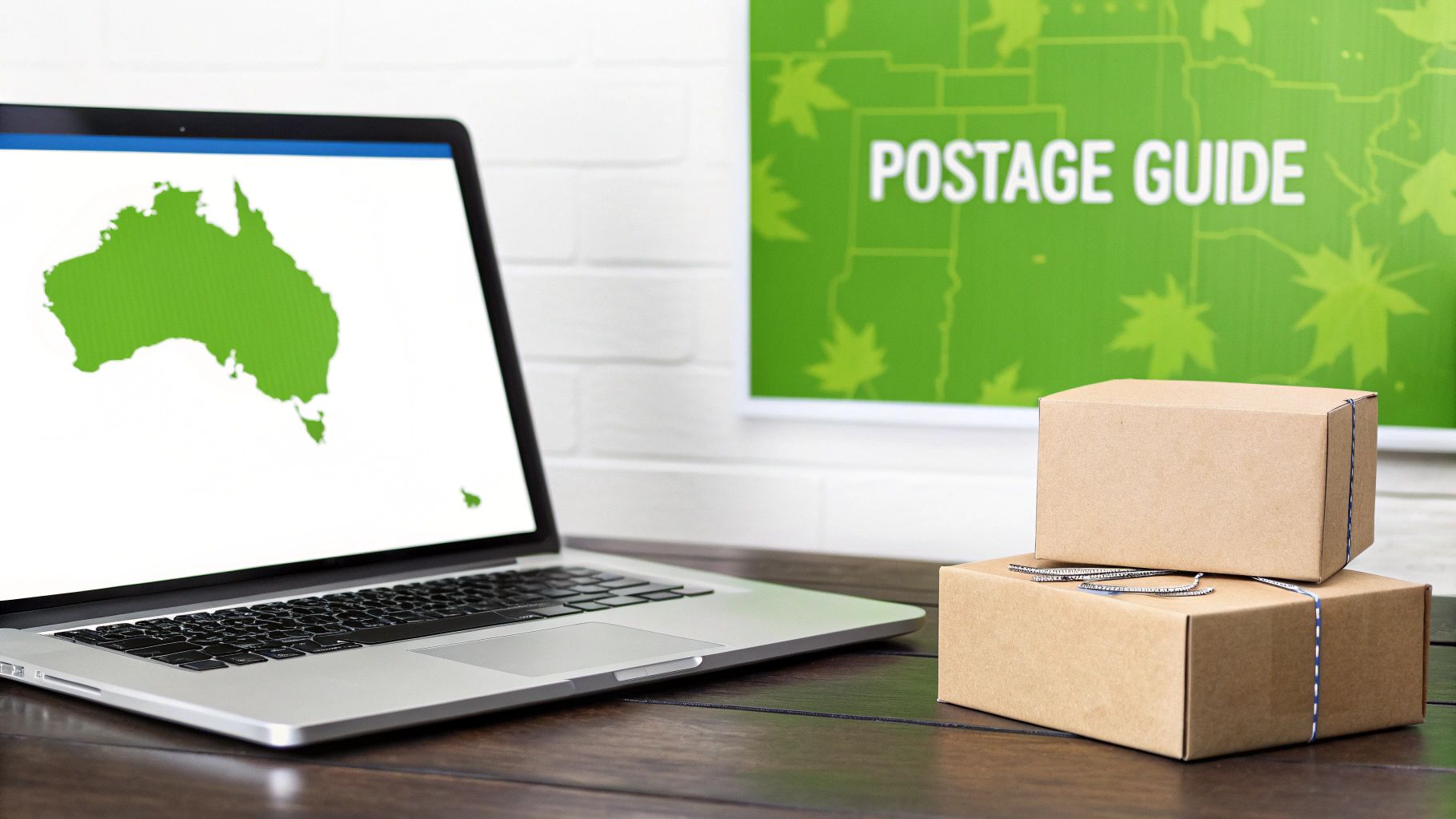 A laptop displaying Australia's map next to two cardboard boxes and a 'Postage Guide' poster.