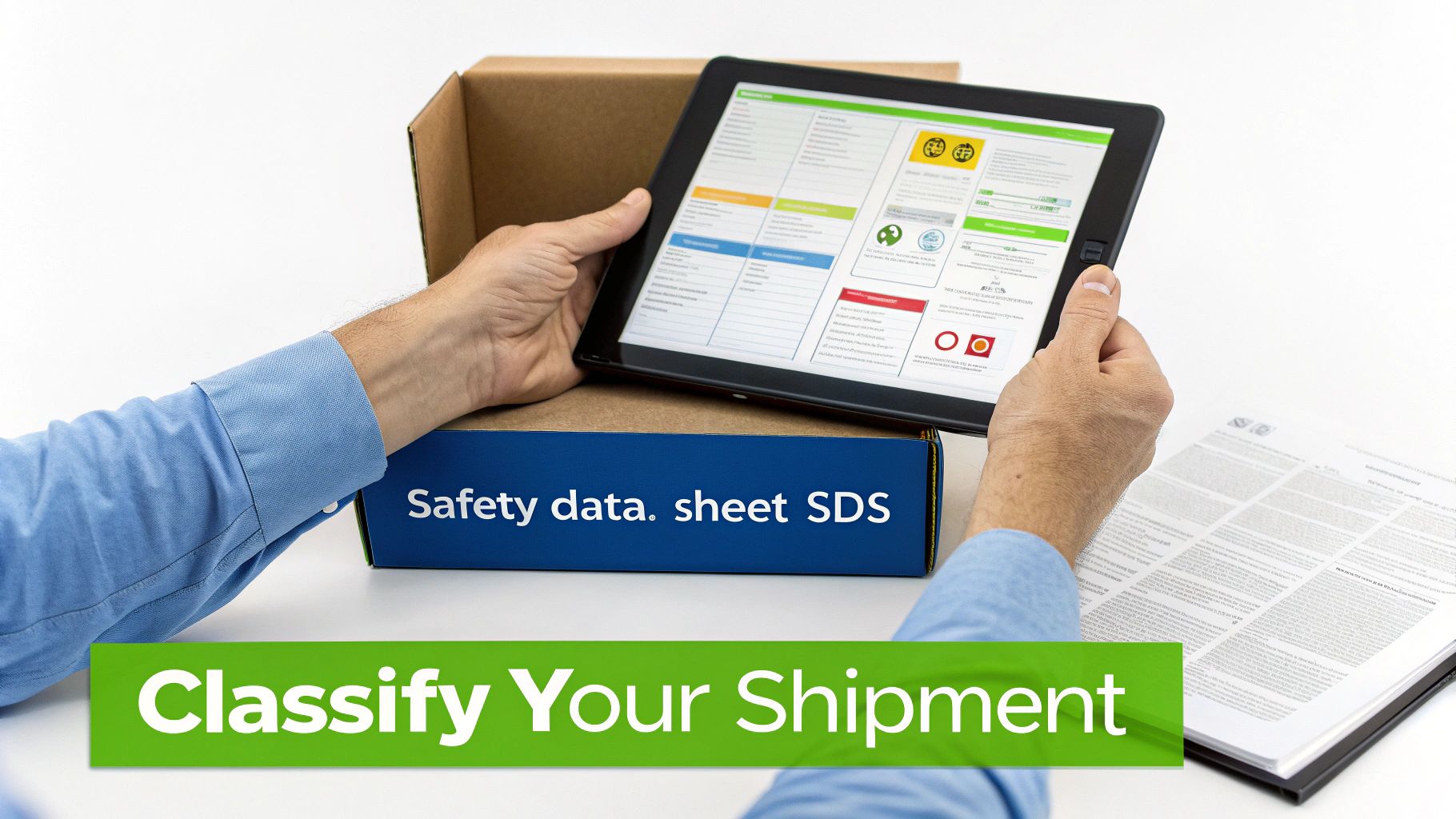 A person reviewing a safety data sheet (SDS) on a tablet to classify a shipment.