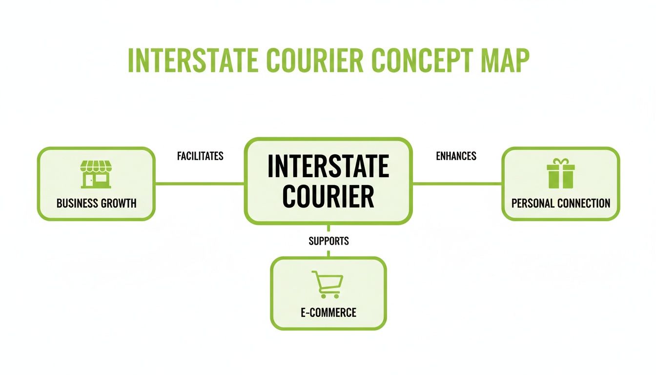 Concept map illustrating how Interstate Courier facilitates business growth, enhances personal connections, and supports e-commerce.
