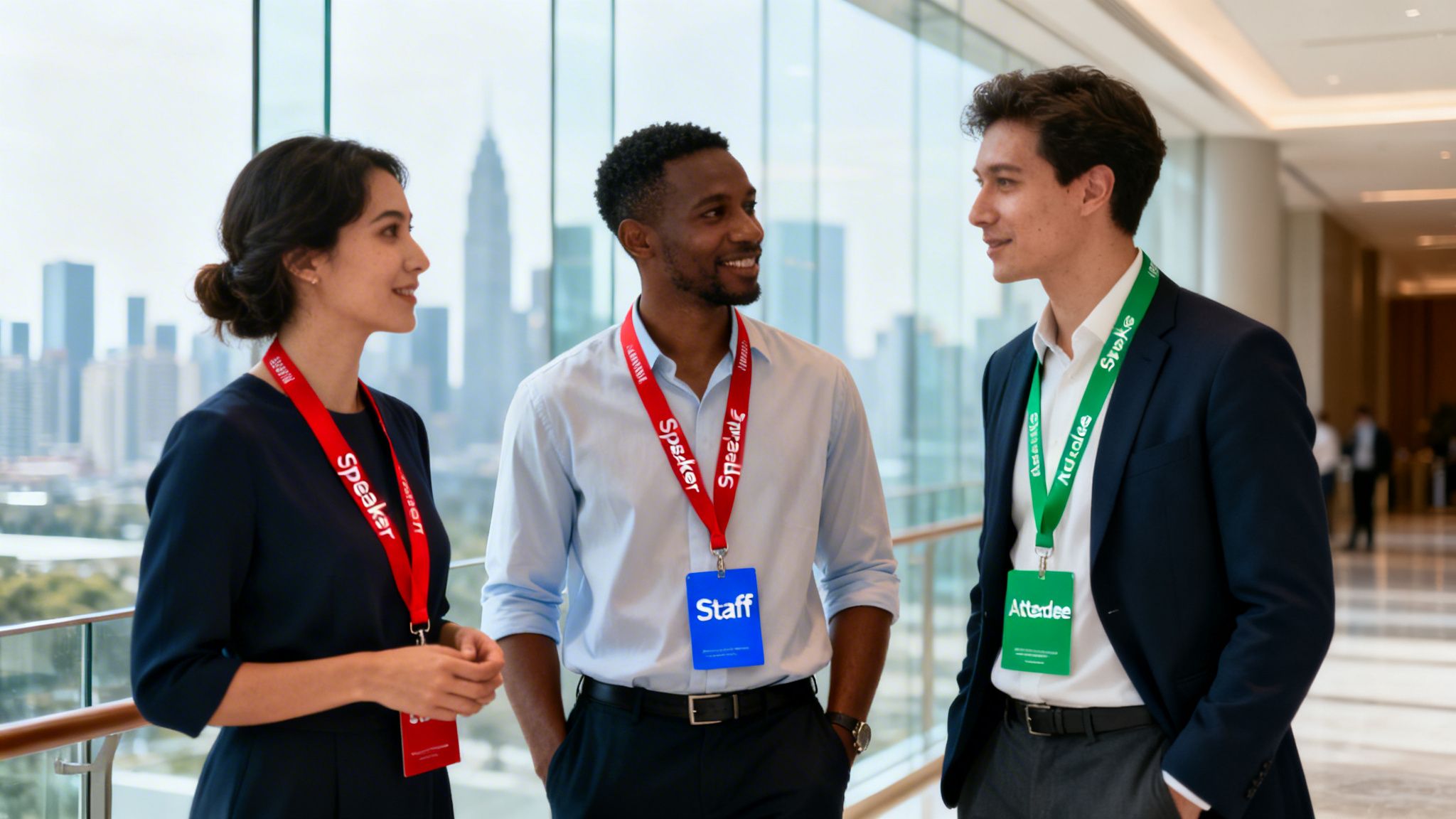 Three diverse professionals wearing lanyards network at a modern conference with a city view.