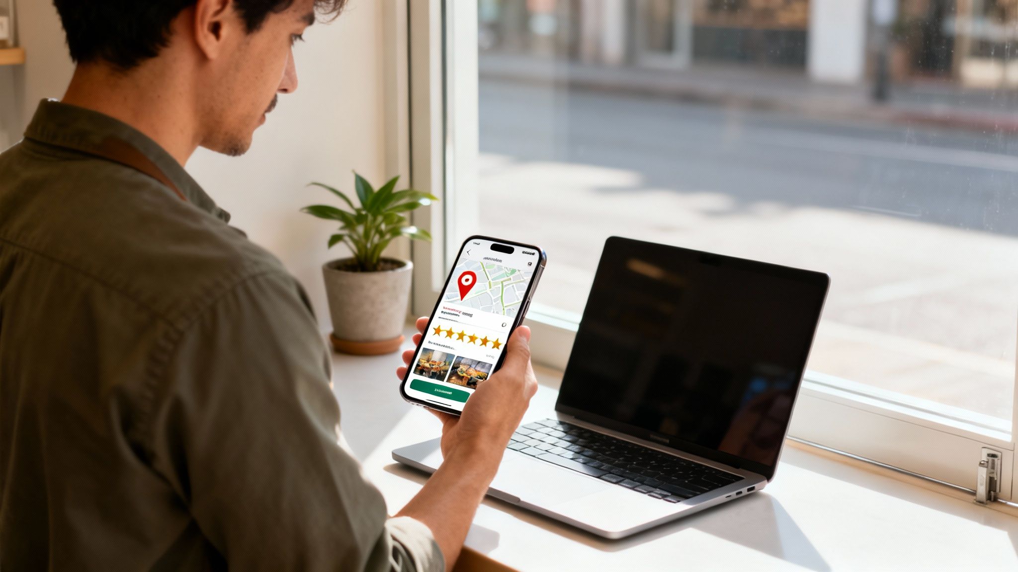 A person holds a phone showing a local business review app with map and ratings, next to a laptop.