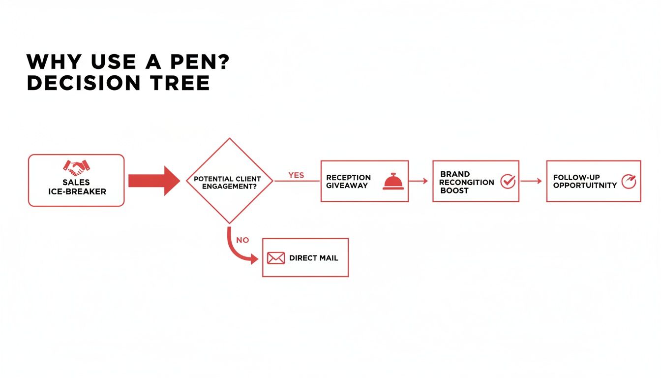 Decision tree explaining why promotional pens are useful for sales, brand recognition, and follow-up.