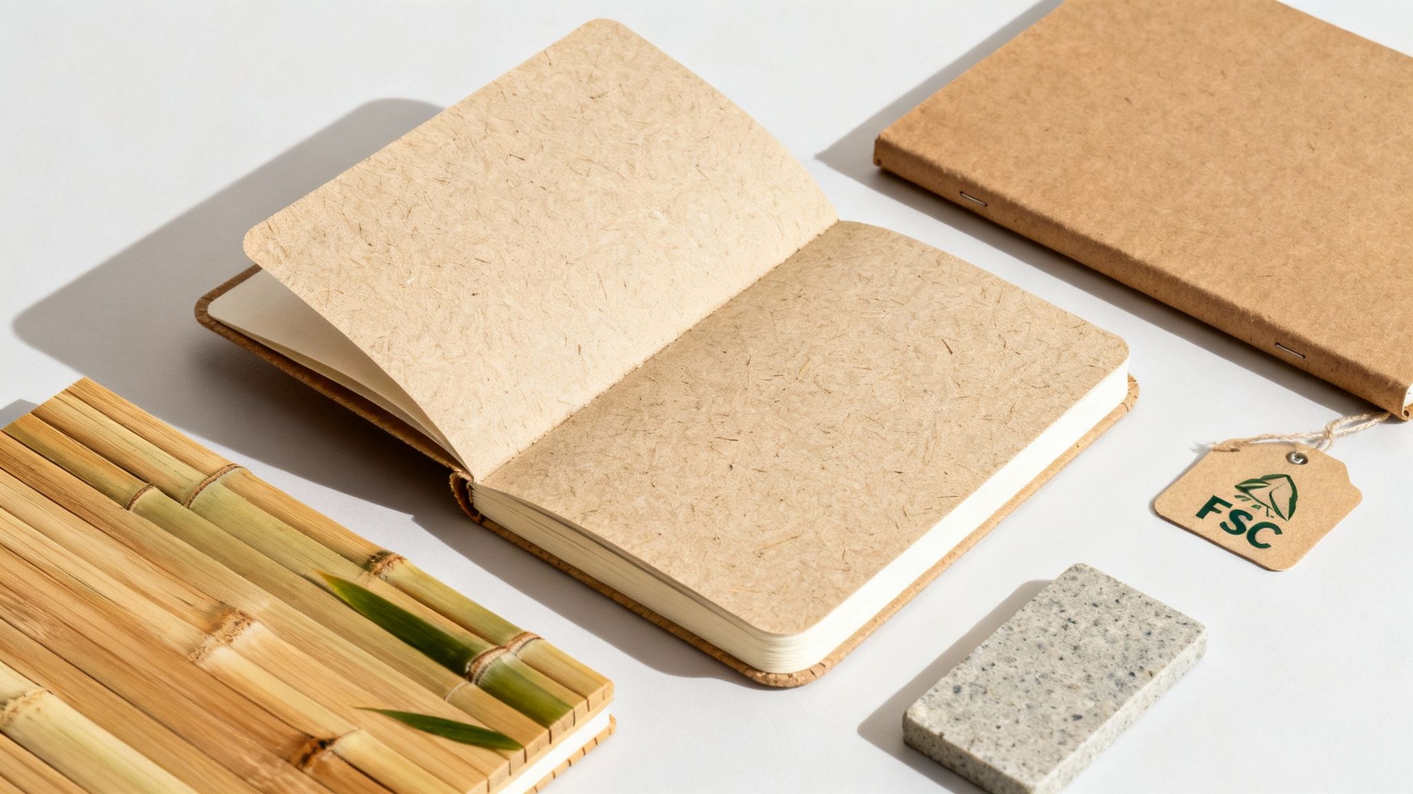An assortment of eco-friendly custom notebooks made from recycled and kraft paper.