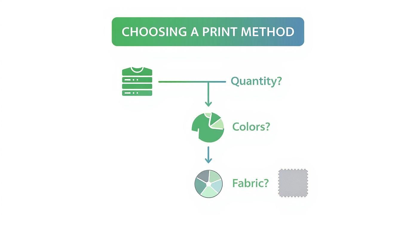 Flowchart showing print method decision process with quantity, colors, and fabric considerations for t-shirt printing