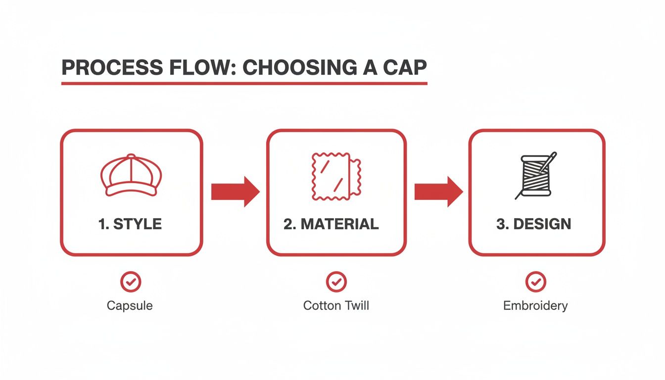 Diagram illustrating the cap selection process: style (capsule), material (cotton twill), and design (embroidery).
