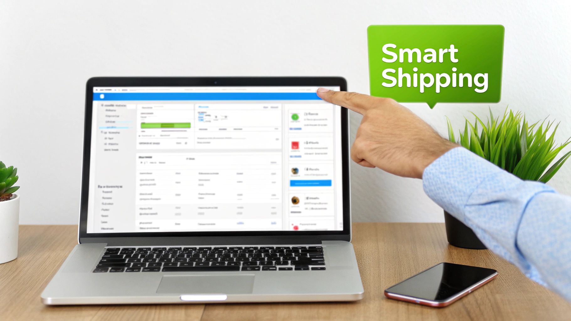 A hand points at a laptop displaying a 'Smart Shipping' interface, with a smartphone and plant nearby.
