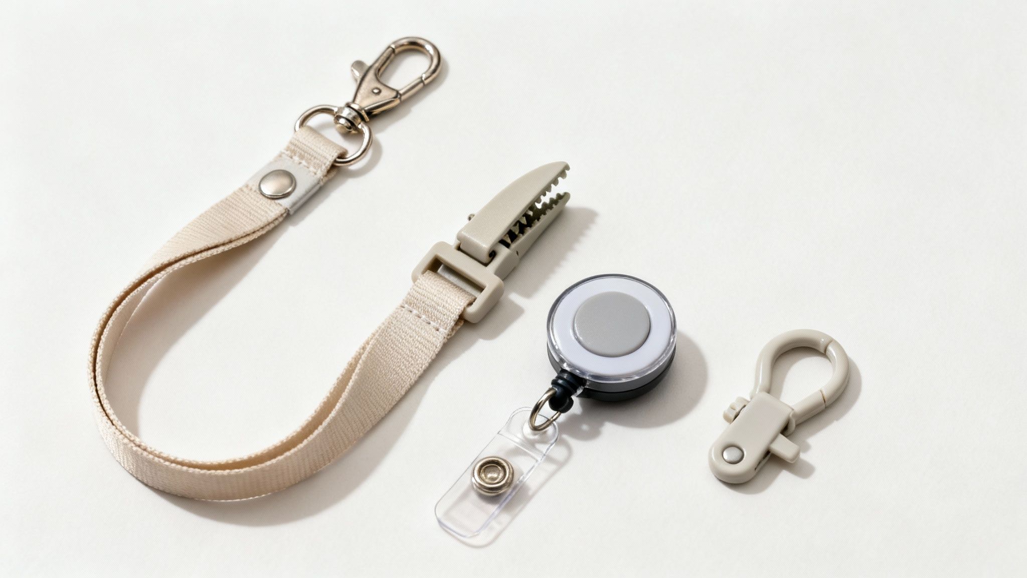 Various lanyard parts including a beige strap, silver metal clip, plastic clip, and retractable badge reel.