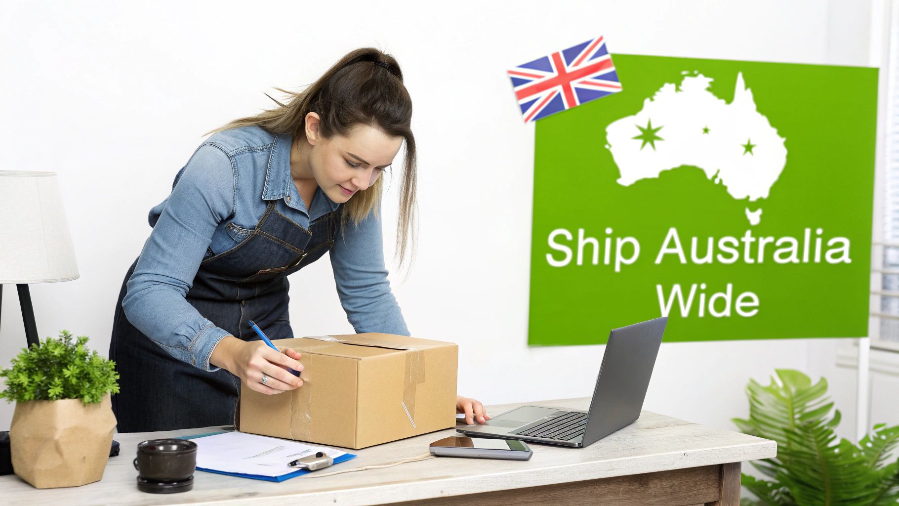 A young woman in a denim shirt and apron labels a shipping box on a desk with a laptop.