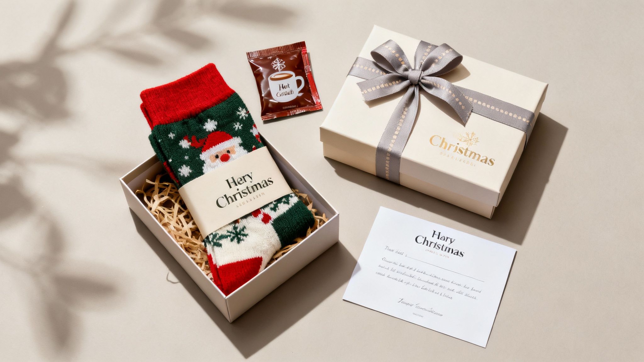 A pair of personalised xmas socks packaged beautifully in a festive gift box.