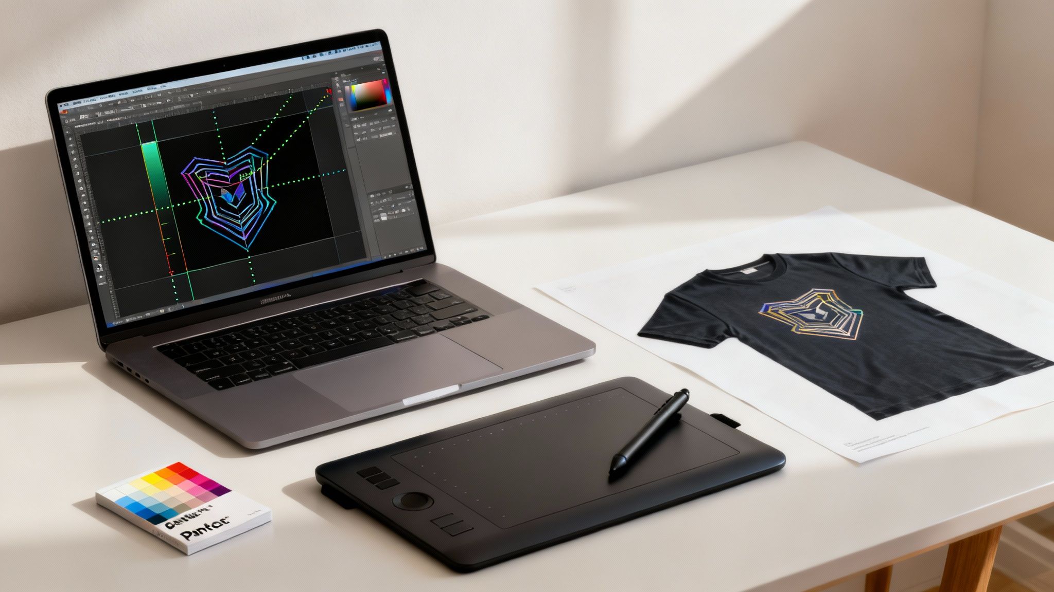 A creative workspace featuring a laptop, graphics tablet, Pantone guide, and a black t-shirt with a colorful shield logo.