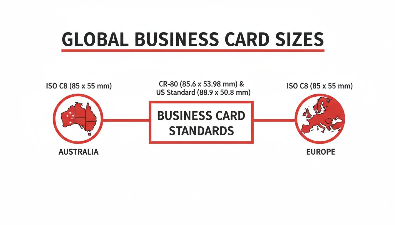Infographic detailing global business card sizes: ISO C8 for Australia and Europe, plus CR-80 and US Standard.