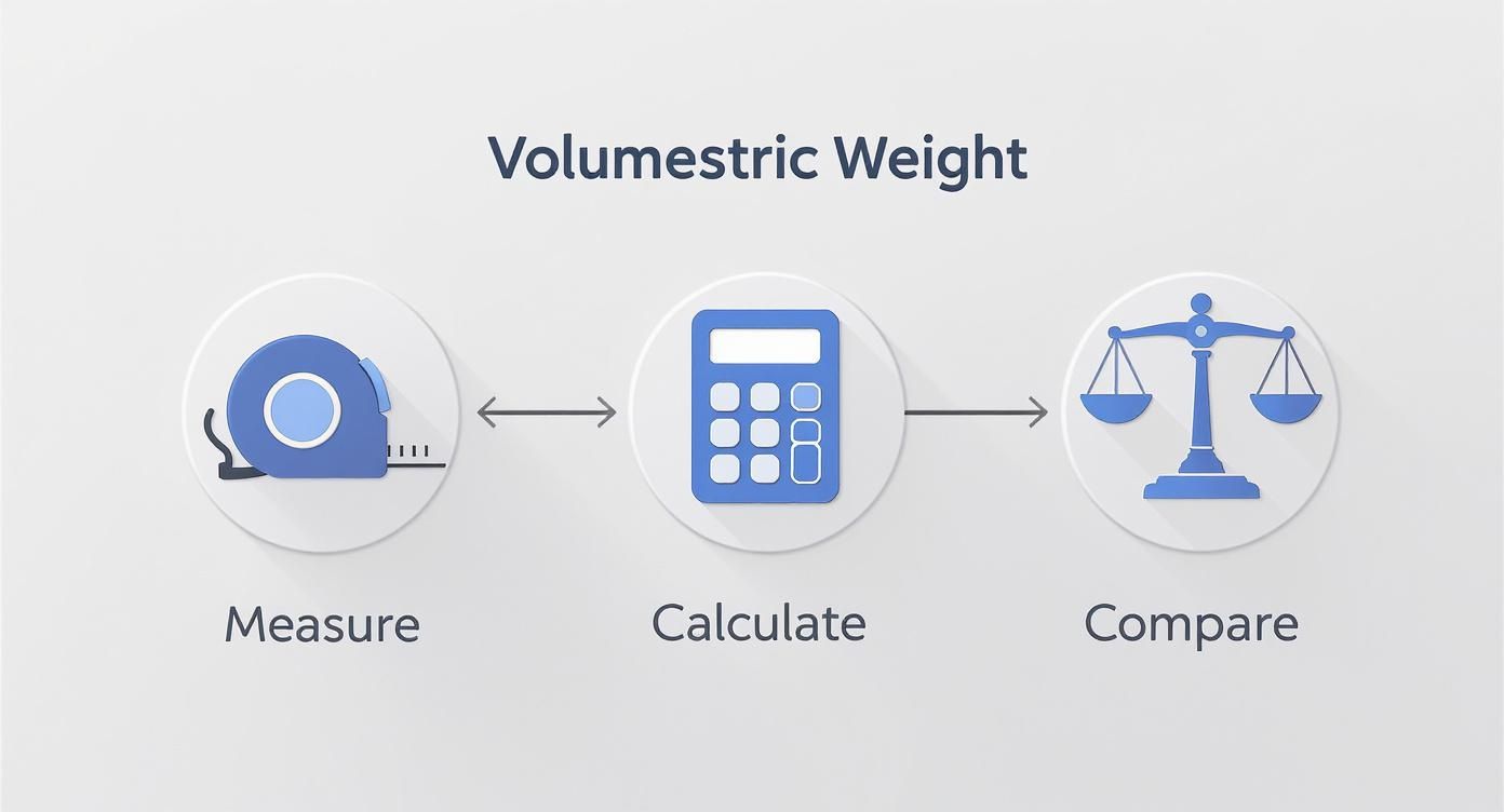 Infographic showing the process of measuring a package, calculating its volumetric weight, and comparing it to the actual weight.
