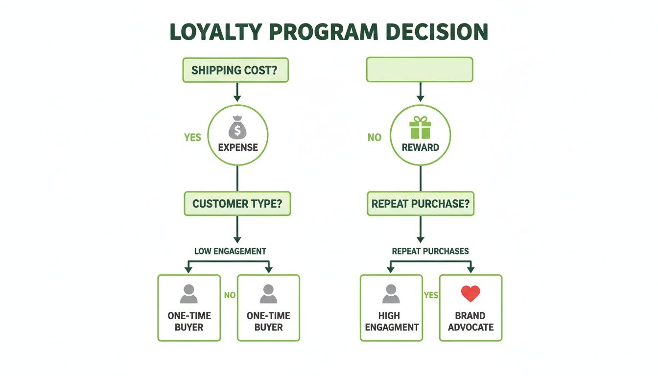 A flowchart illustrating loyalty program decisions, considering shipping cost, customer type, rewards, and repeat purchases.