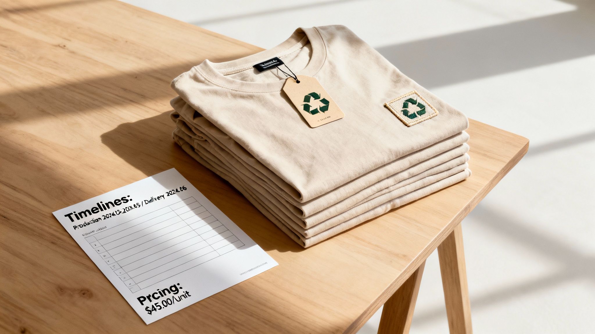 Stack of beige t-shirts with recycling tags and patch, next to a pricing sheet on a wooden table.