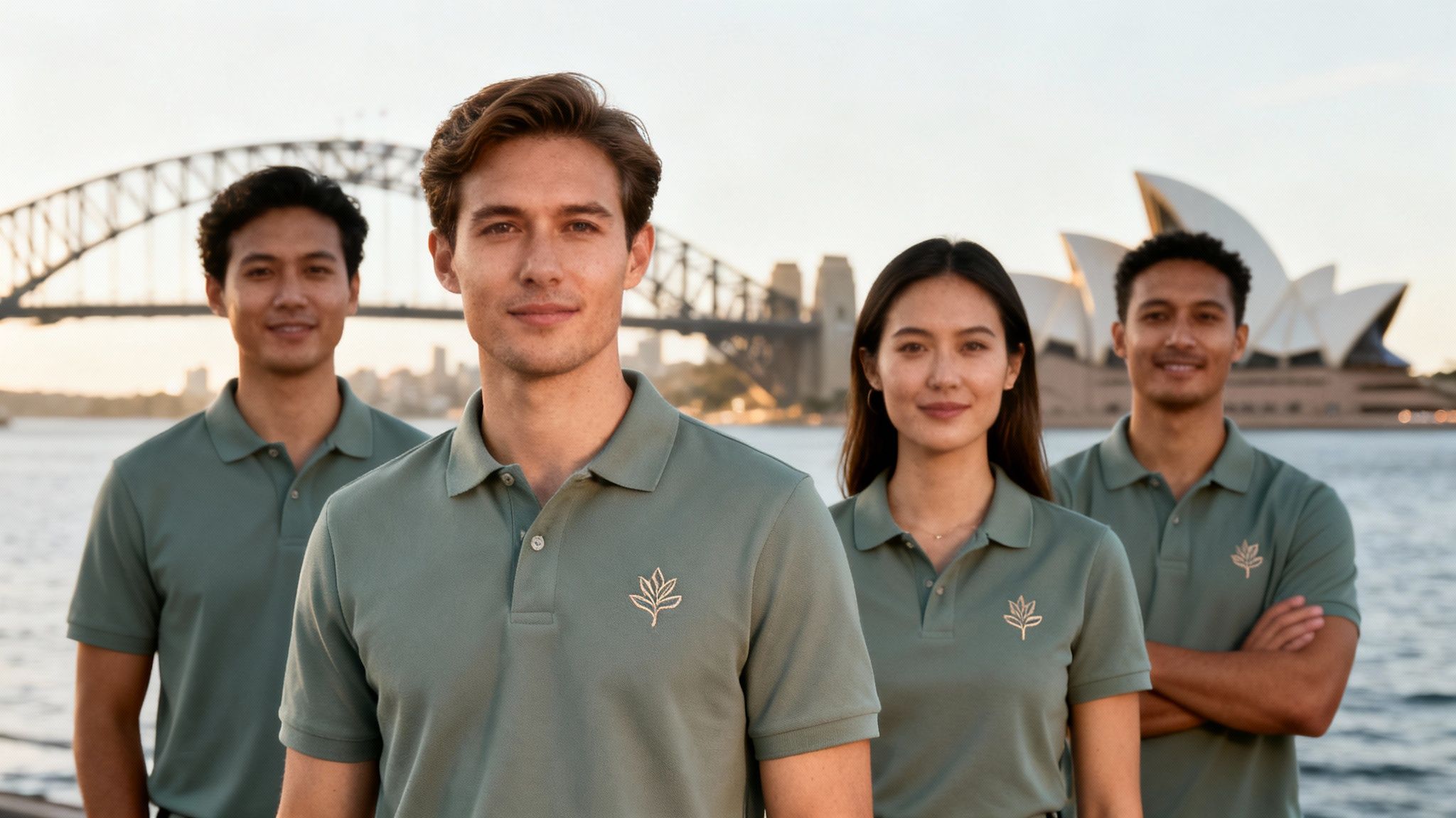 Four diverse people wearing green polo shirts with leaf embroidery in front of Sydney landmarks.