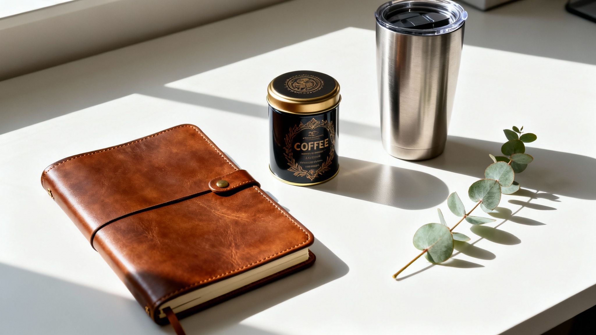 Professional flat lay of a leather journal, coffee tin, silver mug, and eucalyptus.