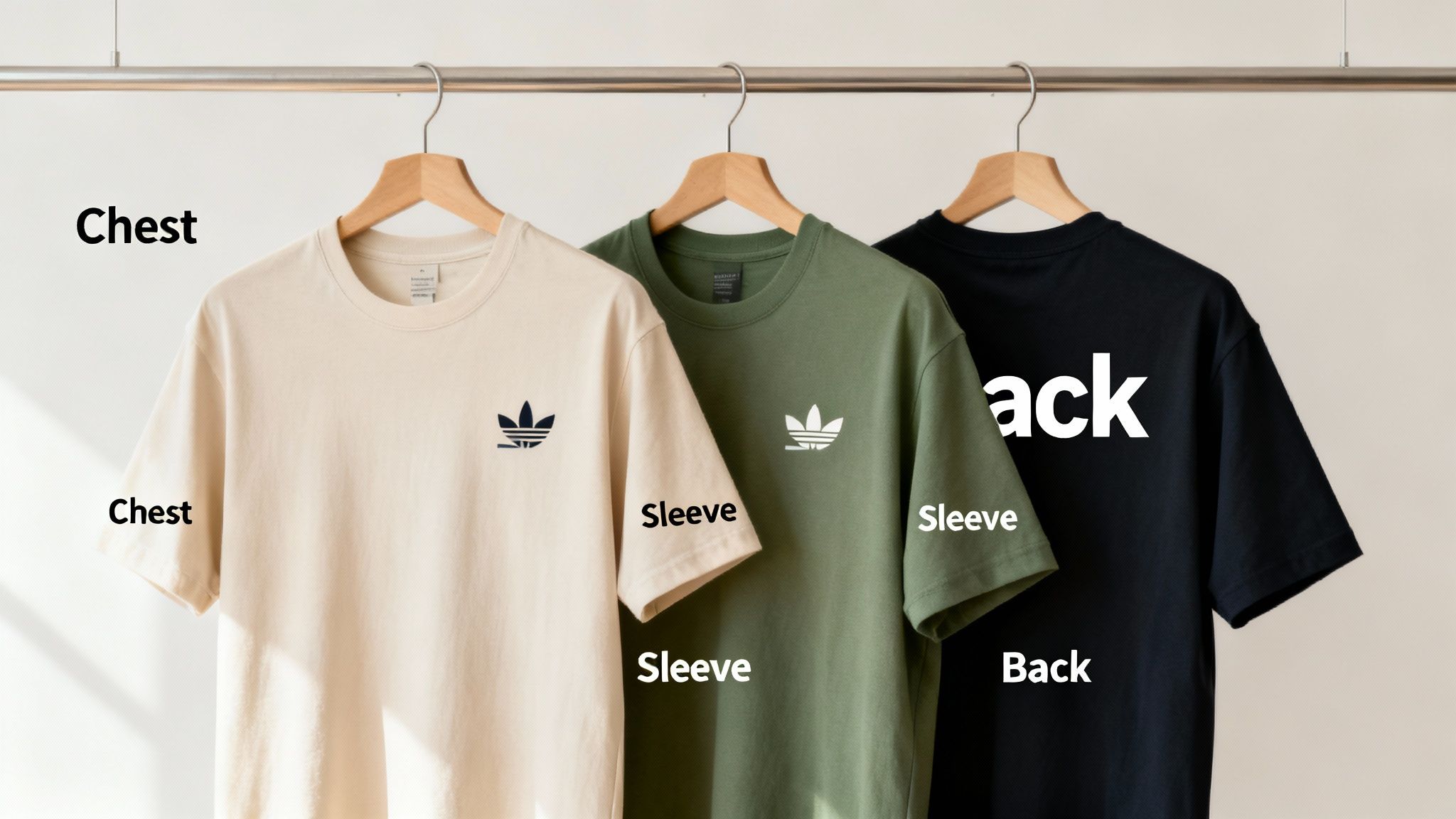 Three casual t-shirts in beige, green, and black with small Adidas Trefoil logos on the chest, hanging on a rail.