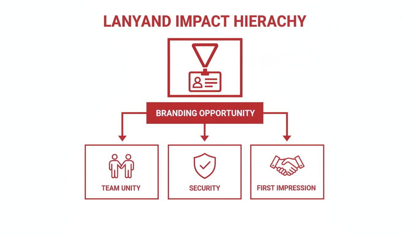 A hierarchy chart showing lanyard impact, starting with branding opportunity, leading to team unity, security, and first impressions.