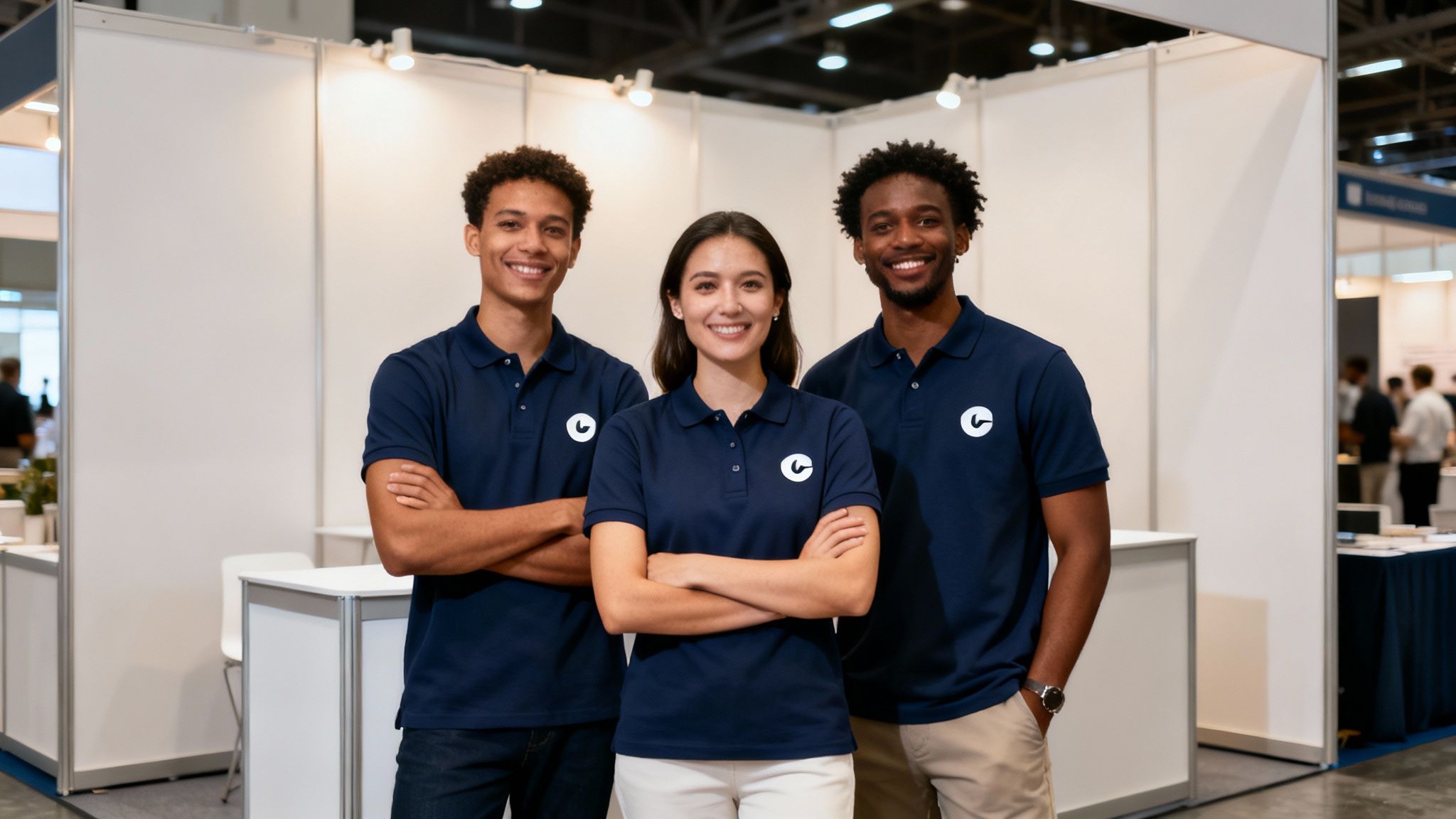 Three diverse, smiling event staff members in embroidered navy polo shirts at a trade show.