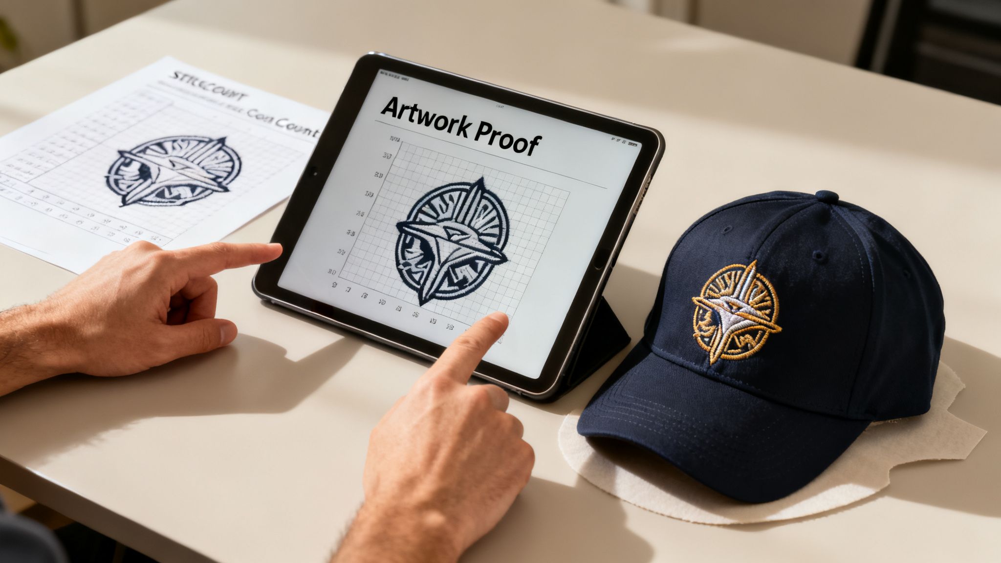 Hands reviewing an artwork proof on a tablet, a physical embroidered cap, and a design printout.