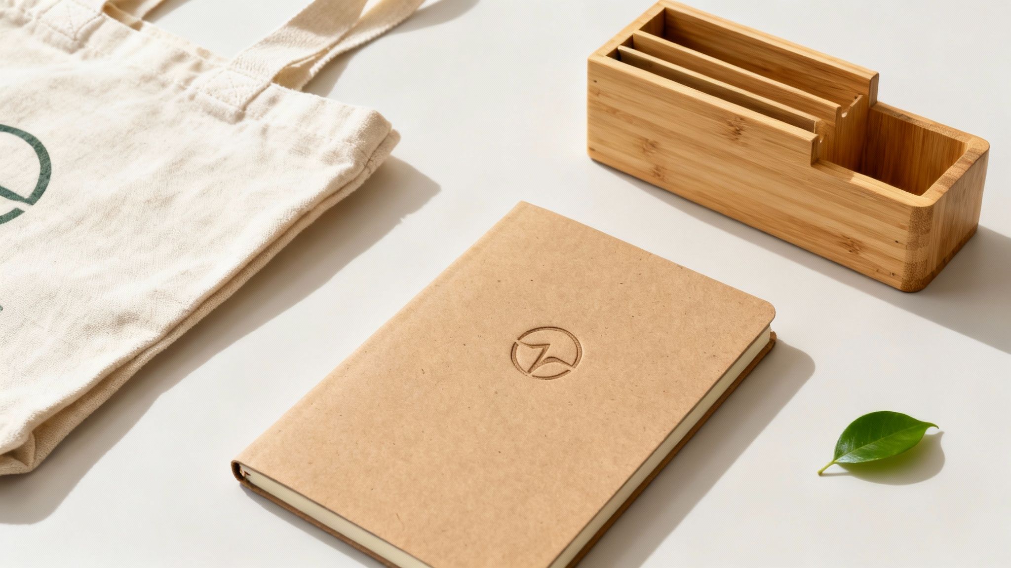 A collection of eco-friendly promotional products like bamboo pens and reusable cups