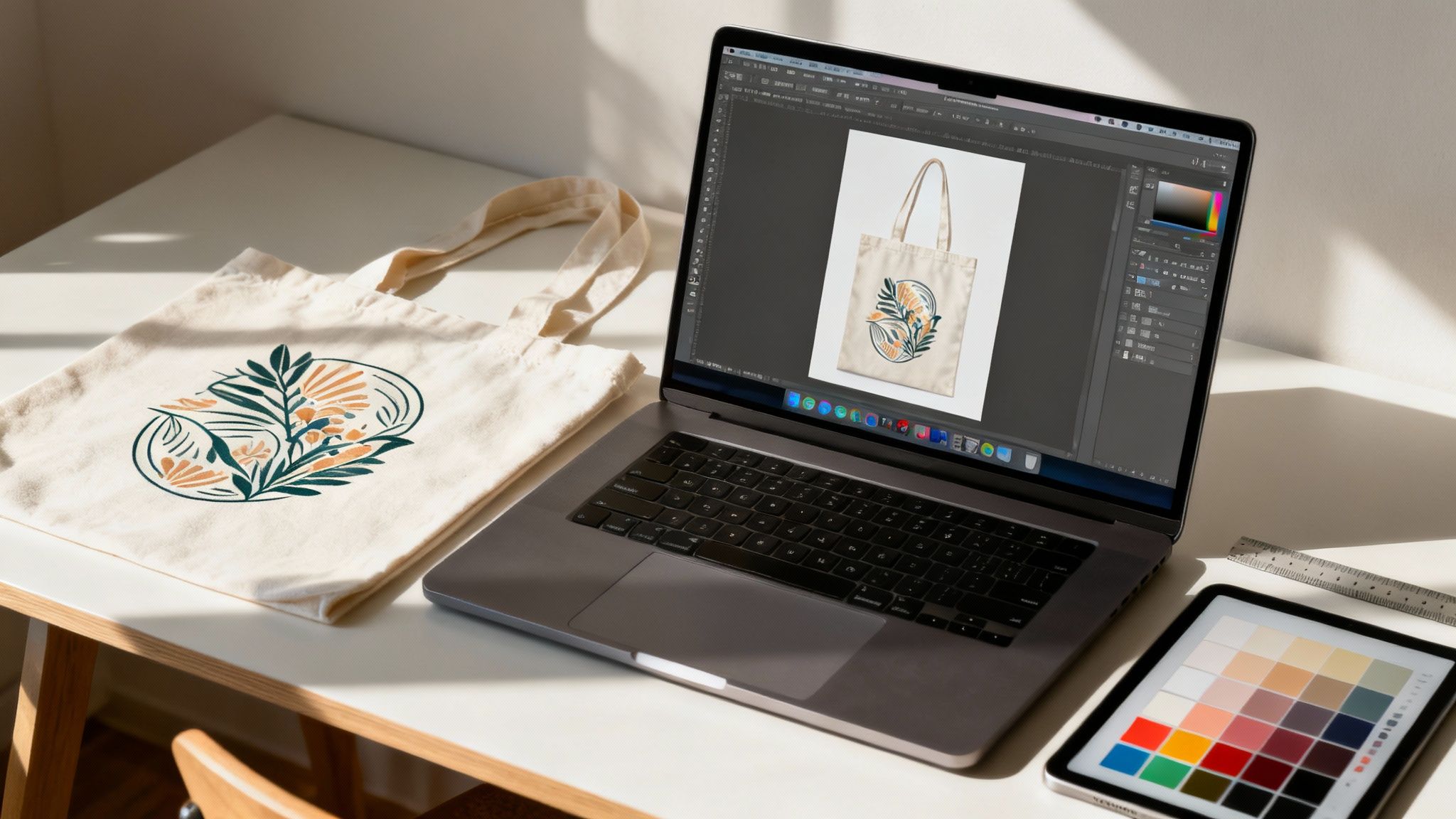 A graphic designer working on a tote bag design on their computer