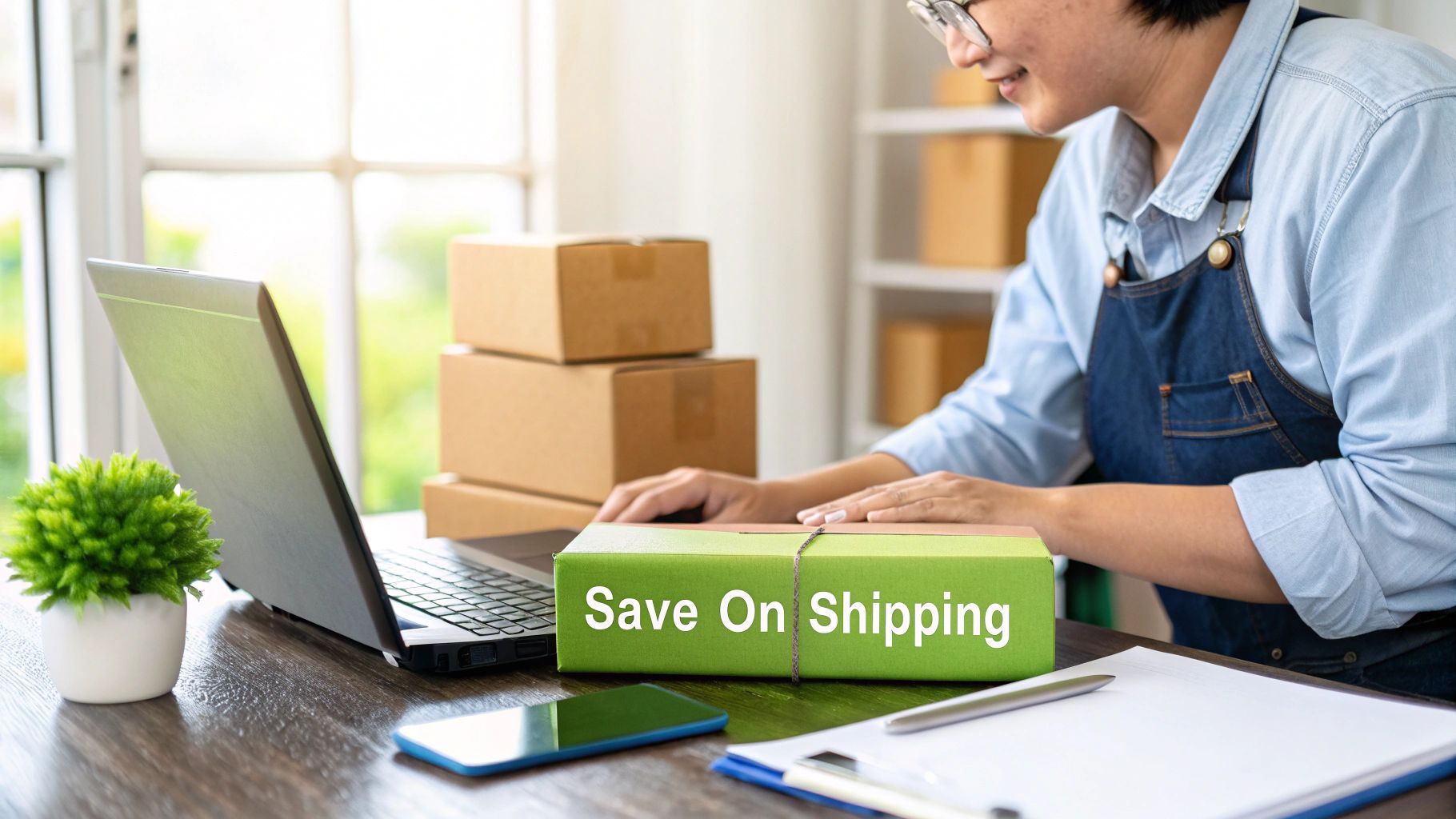 Person processing orders with a laptop and 'Save On Shipping' box in a home office.