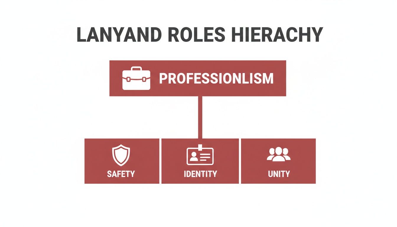 A hierarchy diagram illustrating lanyard roles: Professionalism leads to Safety, Identity, and Unity.