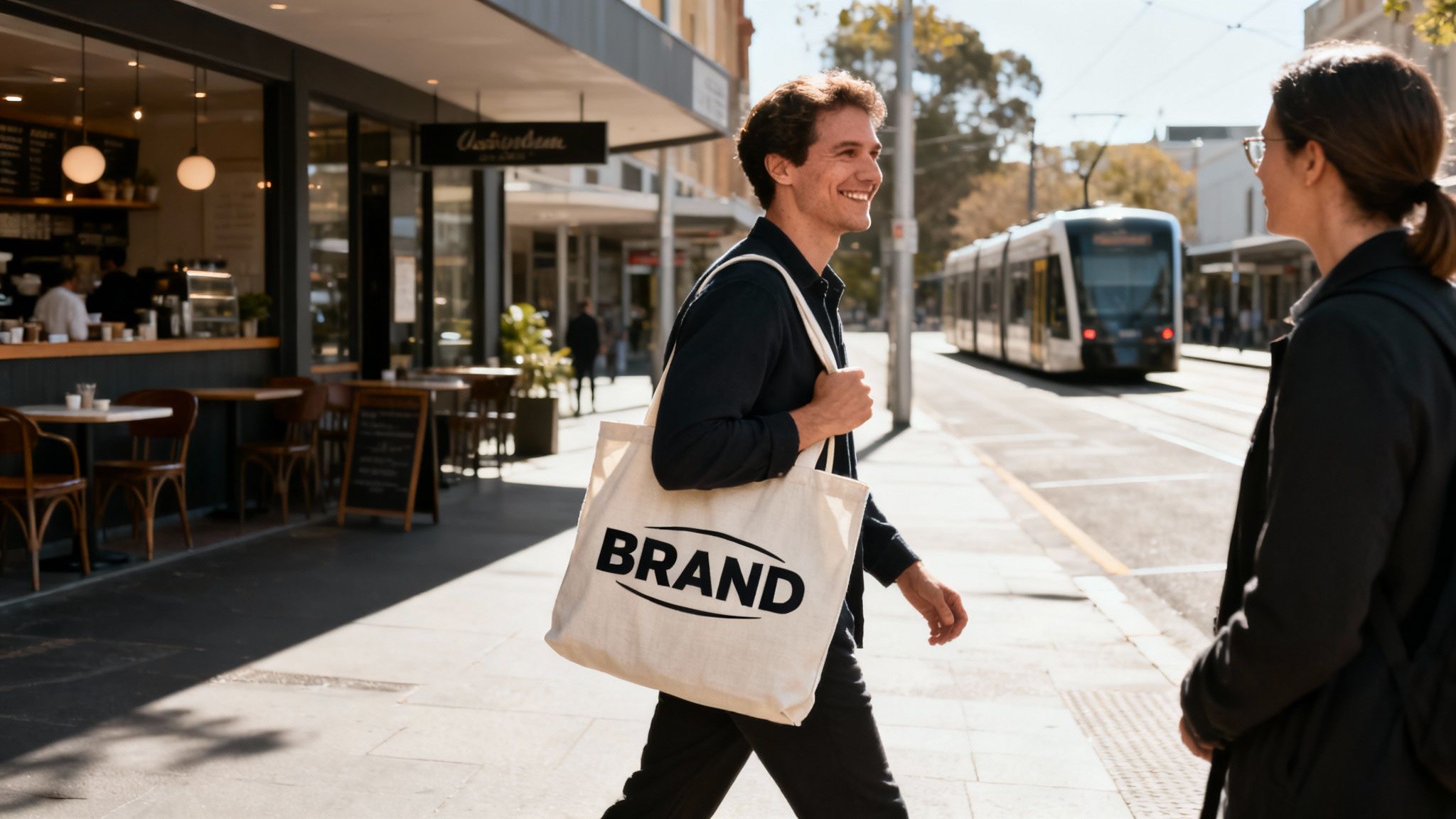 A smiling man carrying a branded tote bag walks past a cafe on a sunny street.
