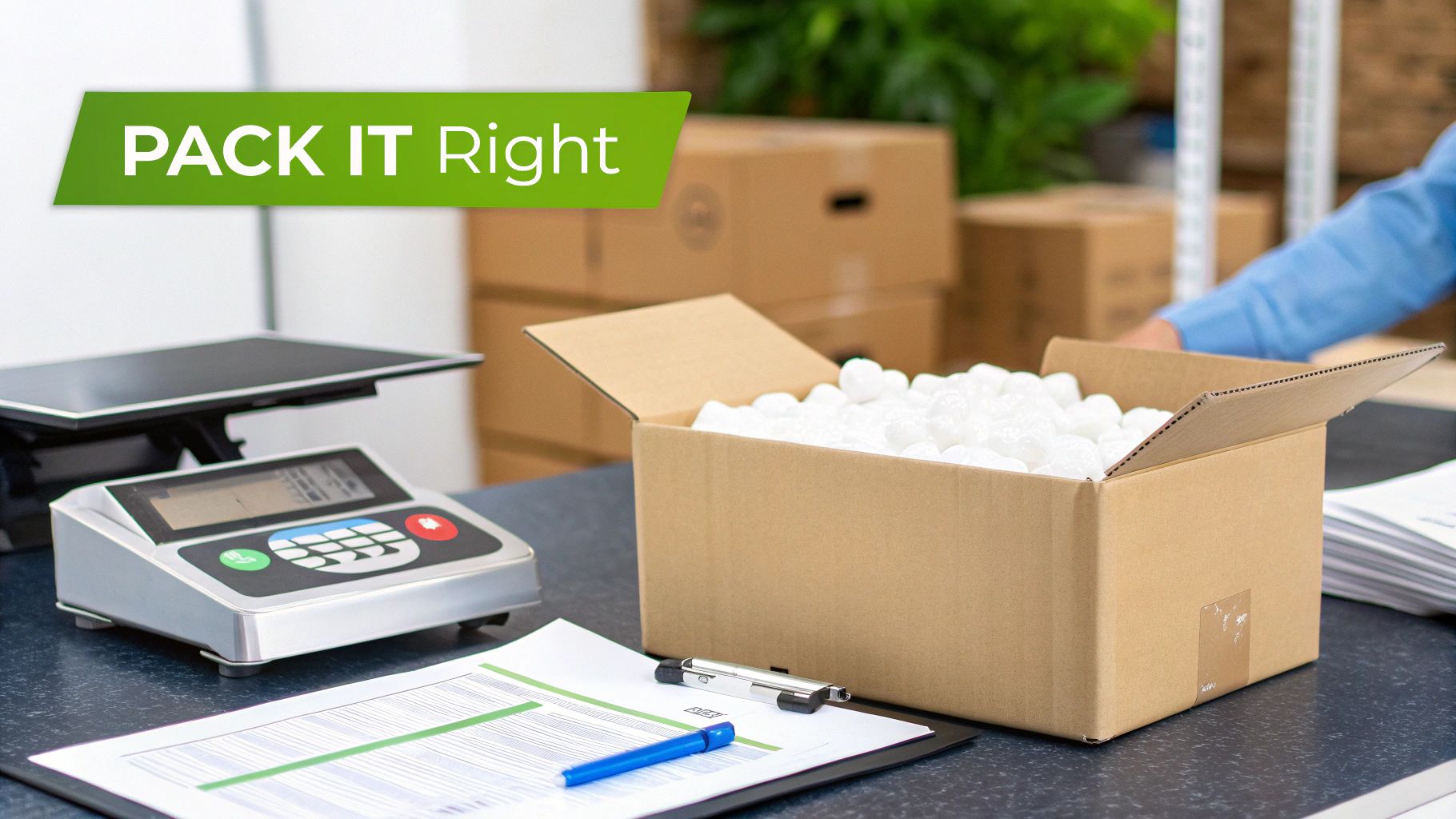 A person prepares a package for shipping, using a scale and packing peanuts in a cardboard box, with the text 'PACK IT Right'.