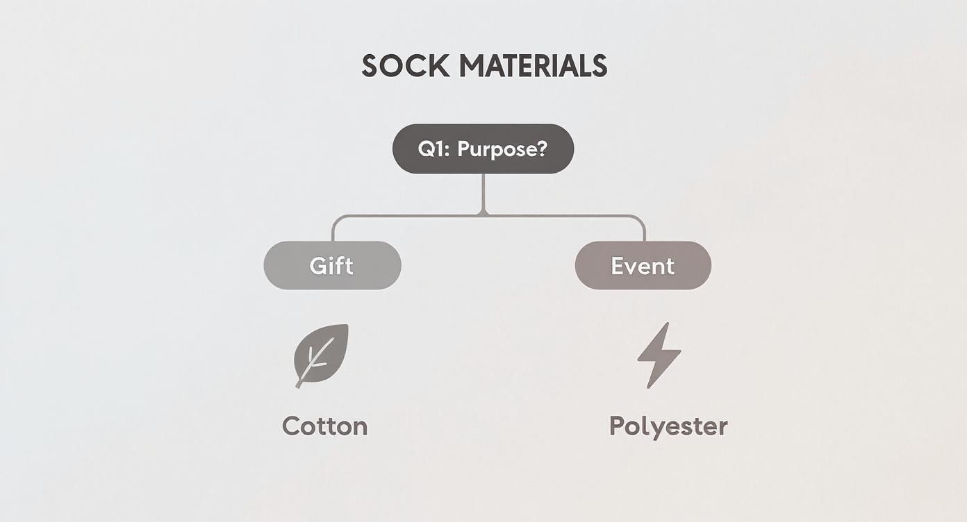 Infographic showing a decision tree for selecting sock materials based on their intended purpose, such as a gift or for an event.