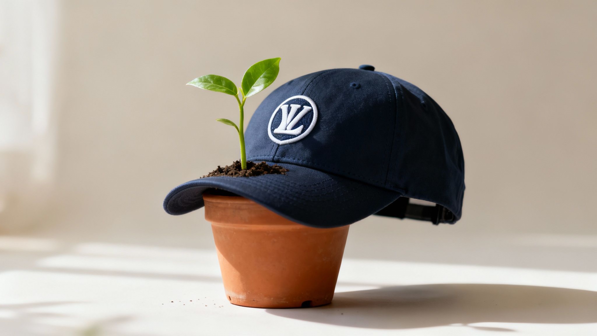 Navy blue printed cap with logo placed on terracotta pot with young plant and soil