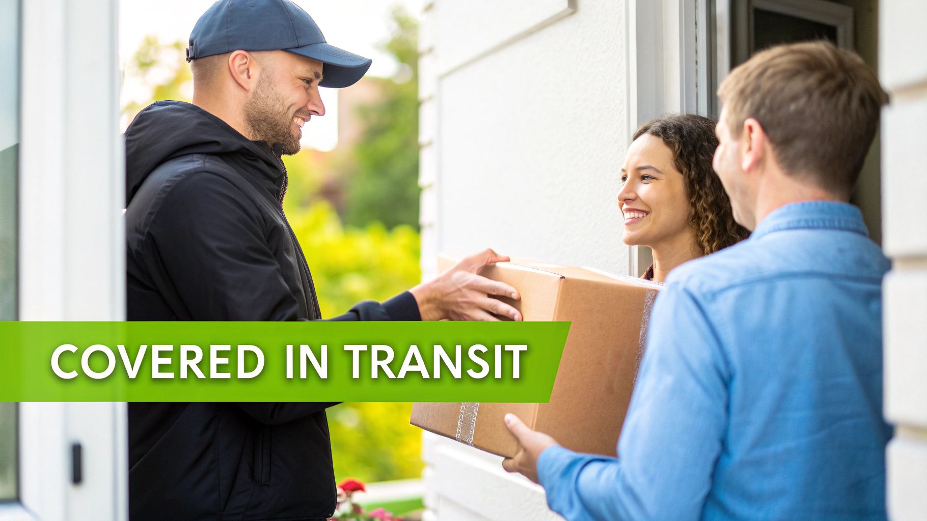 A smiling delivery man hands a package to a happy couple at their home's doorstep.