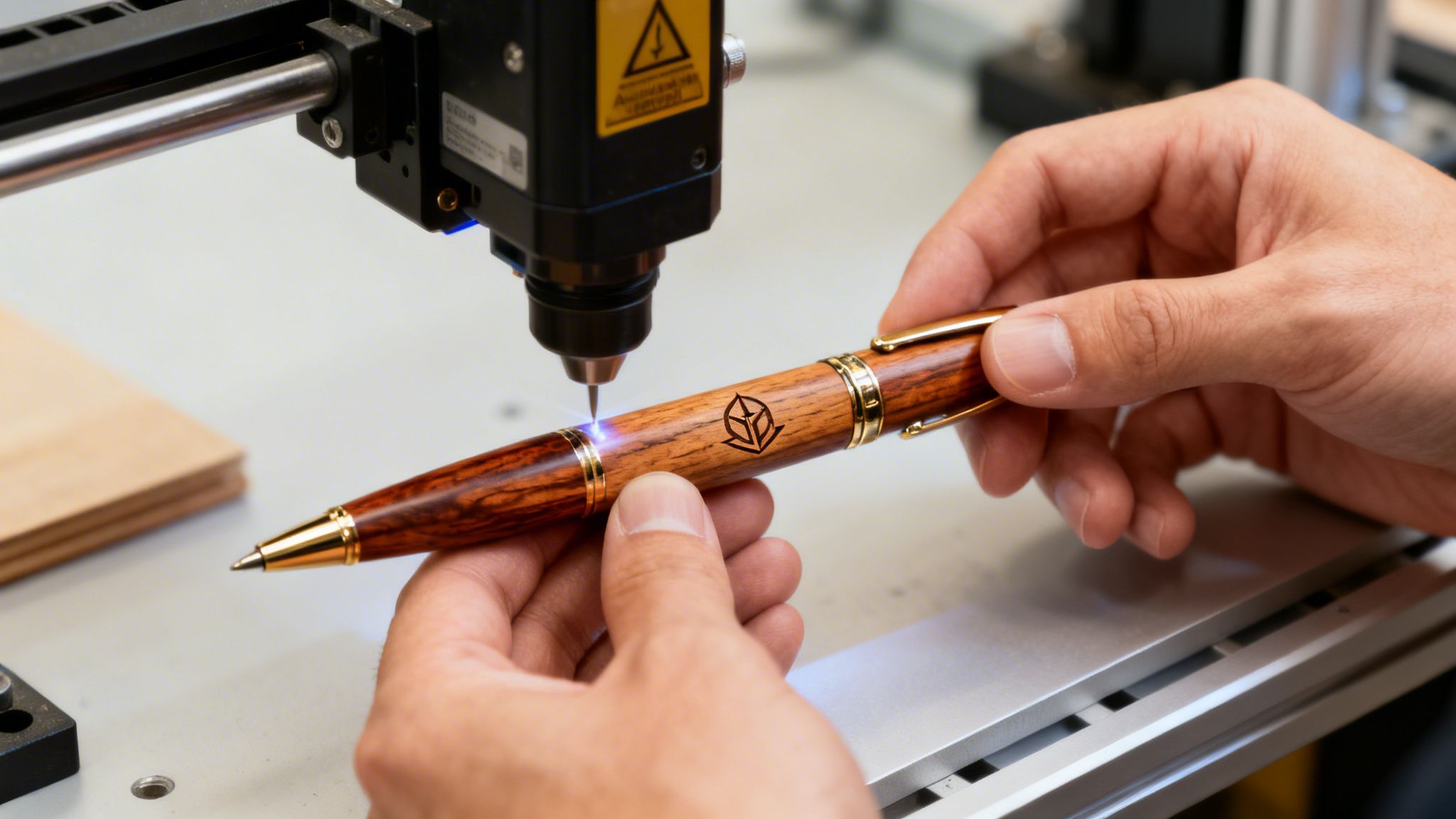 A close-up of hands holding a wooden pen being engraved by a laser machine, featuring a corporate logo.