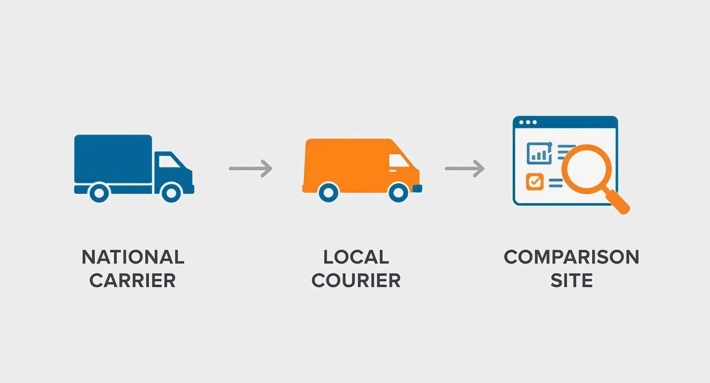 Diagram showing a delivery process: national carrier truck, local courier van, and a comparison website.