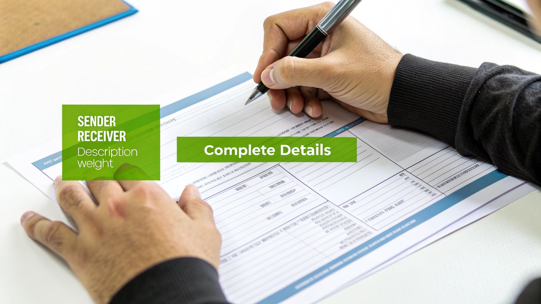 A person's hands filling out a form, possibly a consignment note, with green text overlays 'Sender Receiver' and 'Complete Details'.
