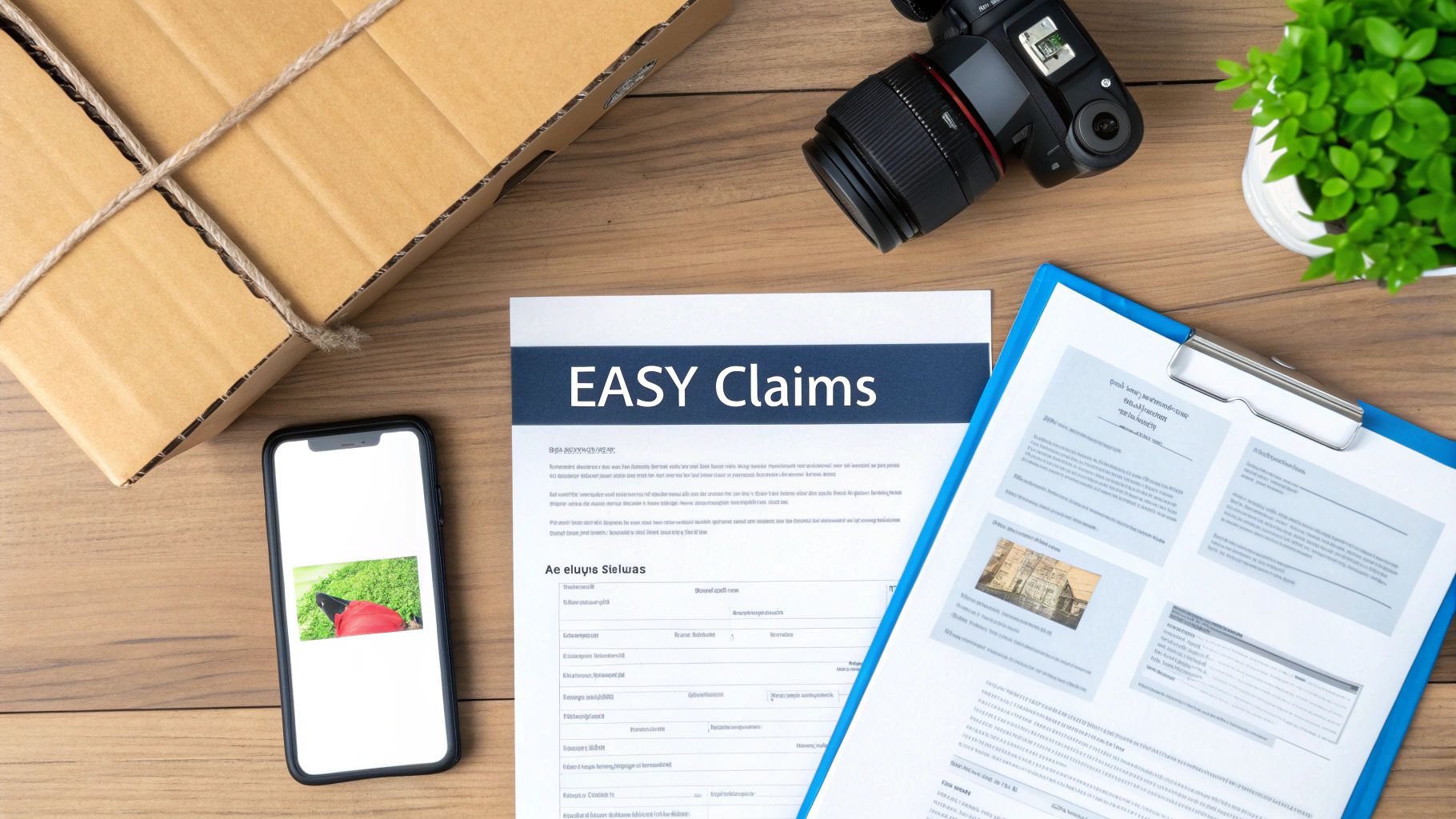 Flat lay of a desk with a delivery box, smartphone, camera, and 'EASY Claims' document for courier insurance.