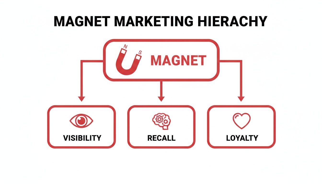 A diagram illustrating the Magnet Marketing Hierarchy: Magnet leads to Visibility, Recall, and Loyalty.