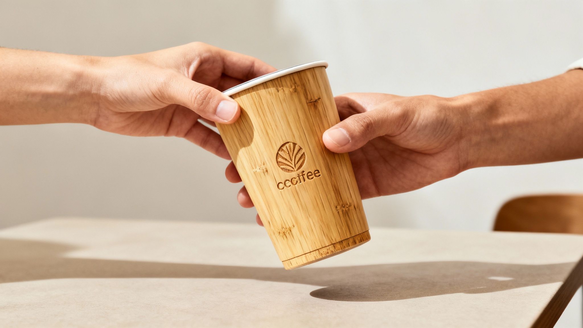 A collection of eco-friendly promotional products like bamboo pens and reusable bags