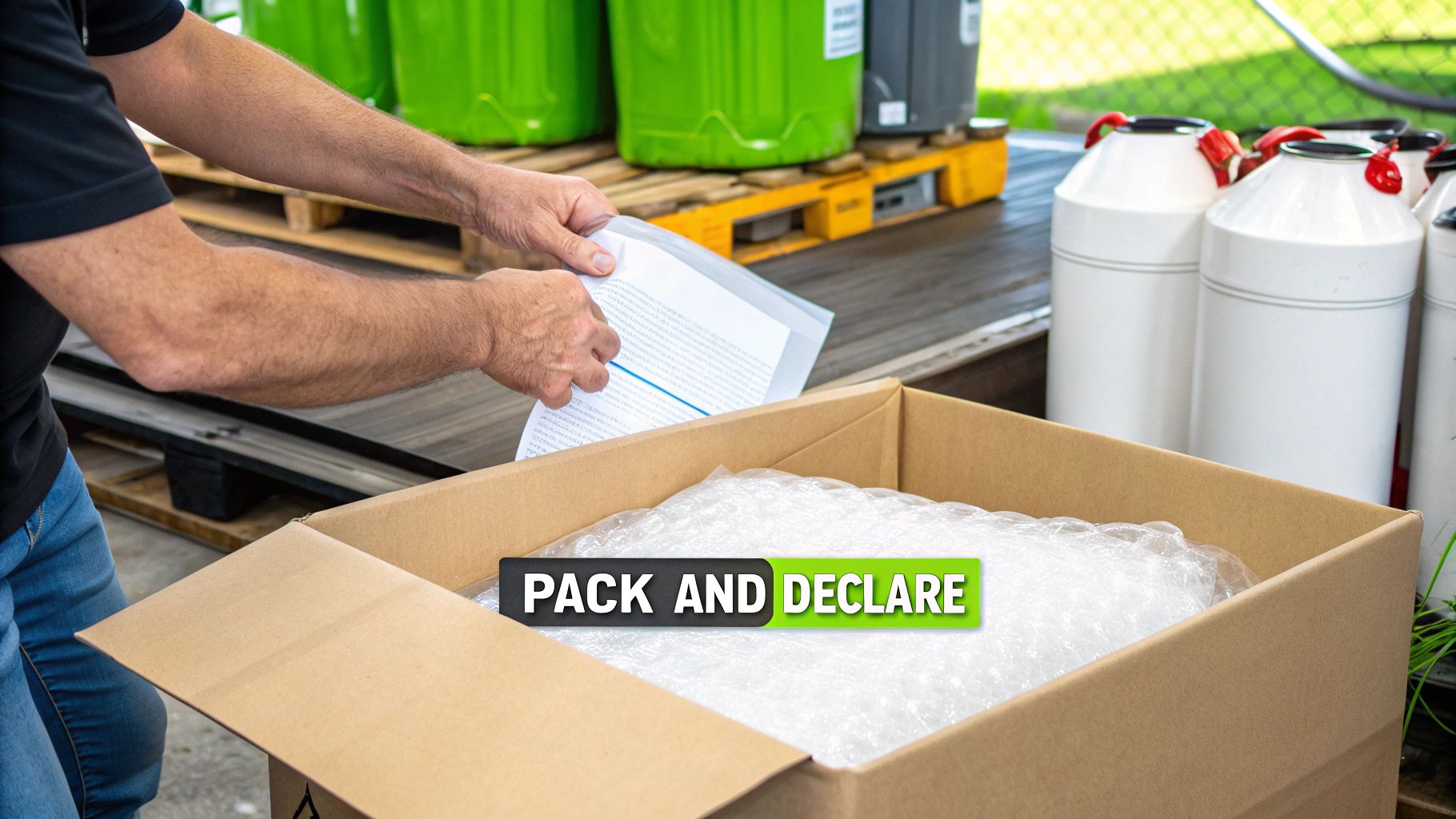 Hands putting a declaration form into a parcel box filled with protective bubble wrap.