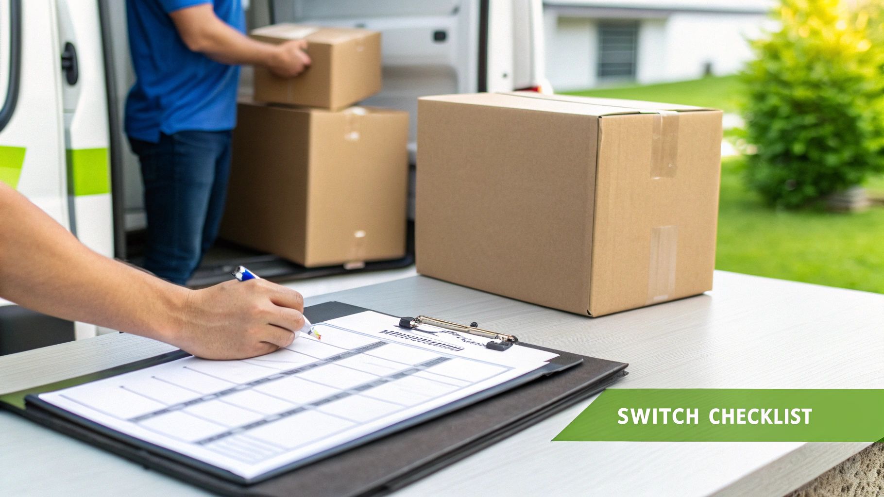 A person signs a delivery checklist on a table while another loads boxes into a white van.