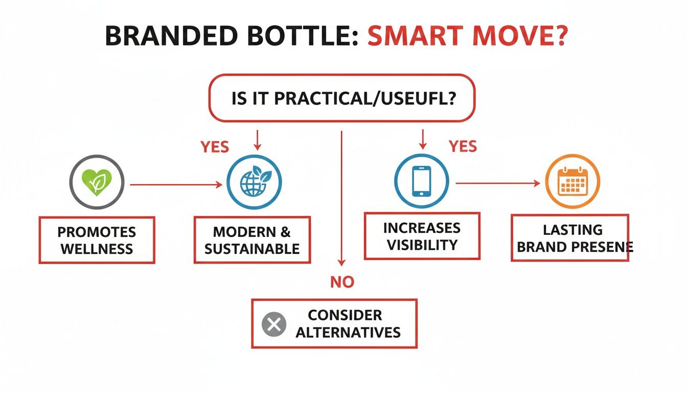 Flowchart analyzing if a branded bottle is a smart move, considering practicality, wellness, sustainability, and brand presence.