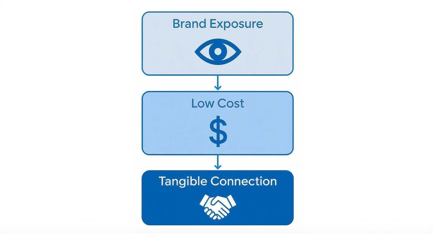 A flowchart illustrating the benefits of brand exposure, low cost, and tangible connection with corresponding icons.
