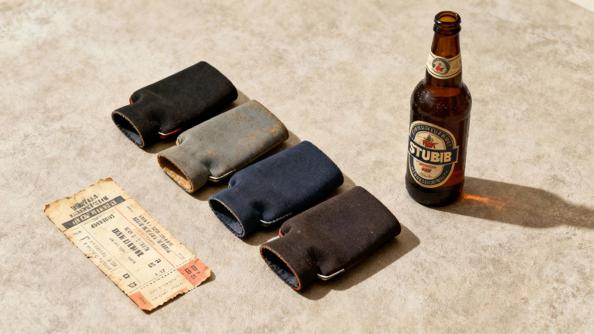 A vintage-style photograph showing a collection of classic Australian stubby holders on a rustic wooden table
