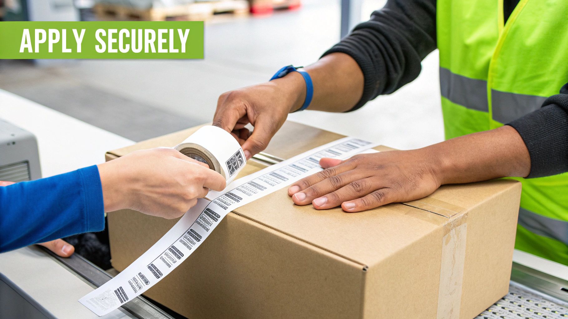 Person applying a shipping label to a cardboard box