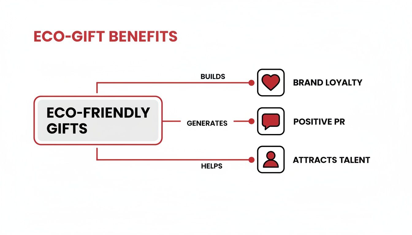 Diagram illustrating the benefits of eco-friendly gifts: builds brand loyalty, generates positive PR, and attracts talent.
