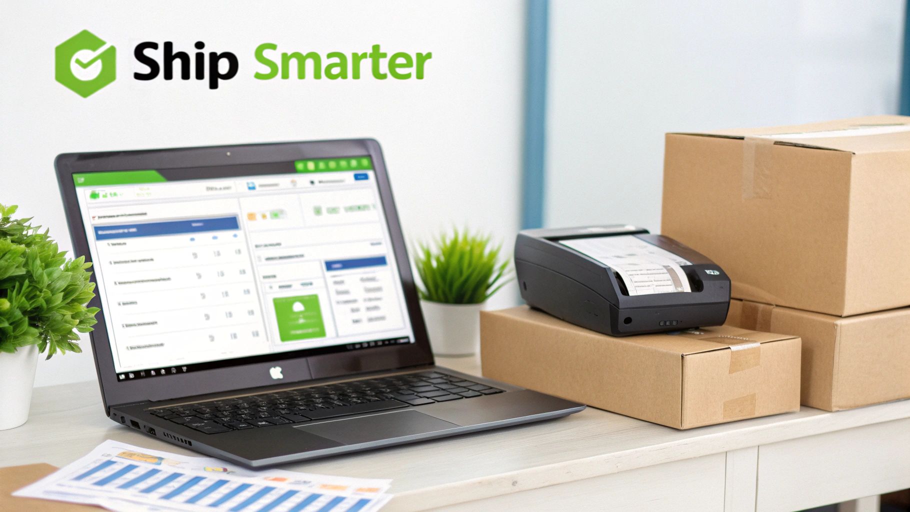 A desk with a laptop displaying shipping software, a label printer, and cardboard boxes for efficient shipping.