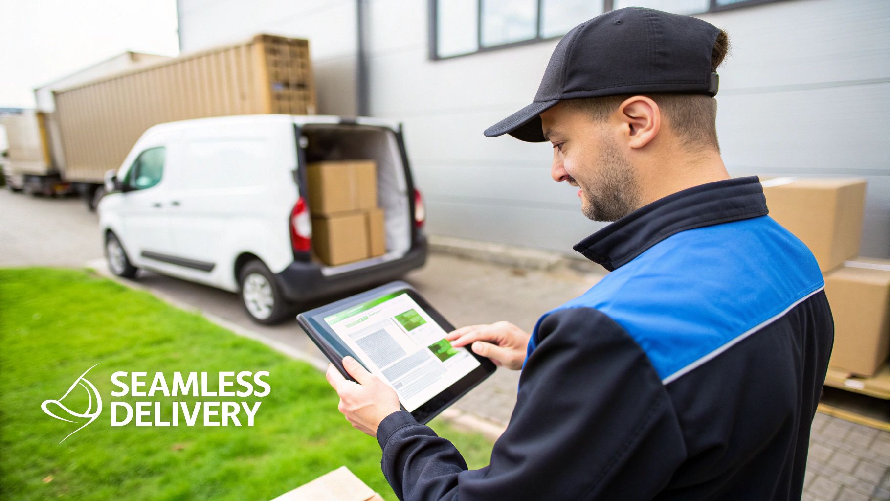 A smiling delivery man in uniform uses a tablet near a white delivery van with boxes.