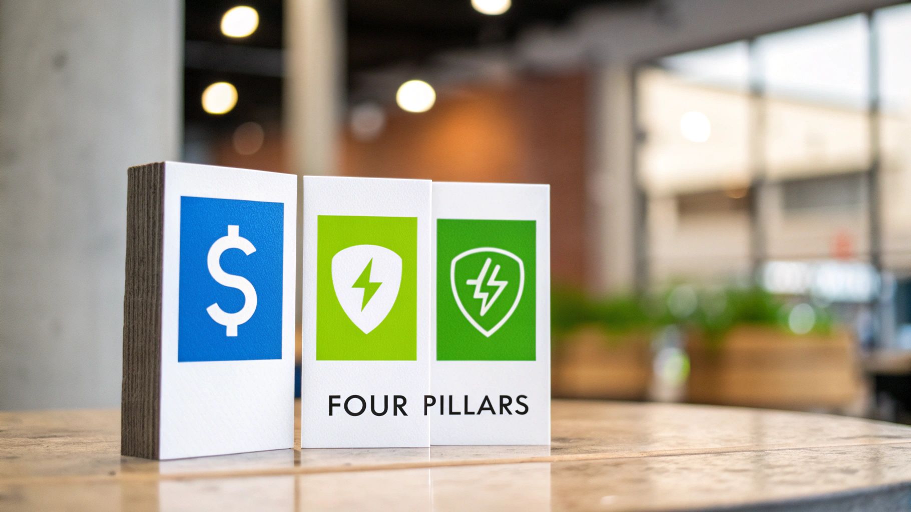 Three cards representing "FOUR PILLARS" on a wooden table, featuring financial and energy symbols.
